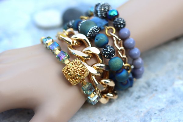 Blue Gold Chunky Bracelet Set