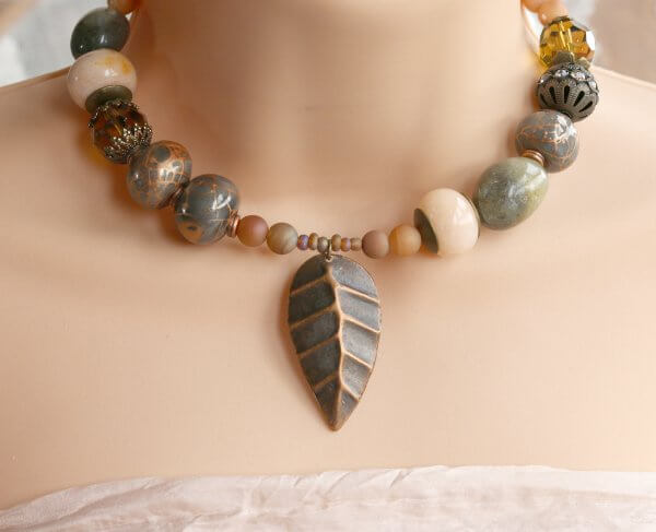 Chunky Bead Necklace with Copper Leaf