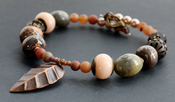 Chunky Bead Necklace with Copper Leaf