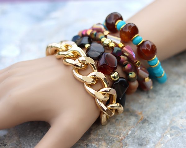 Bronze, gold turquoise chunky bracelet set.
