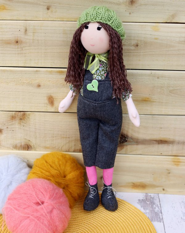 Doll Brown Hair Dungarees Boots
