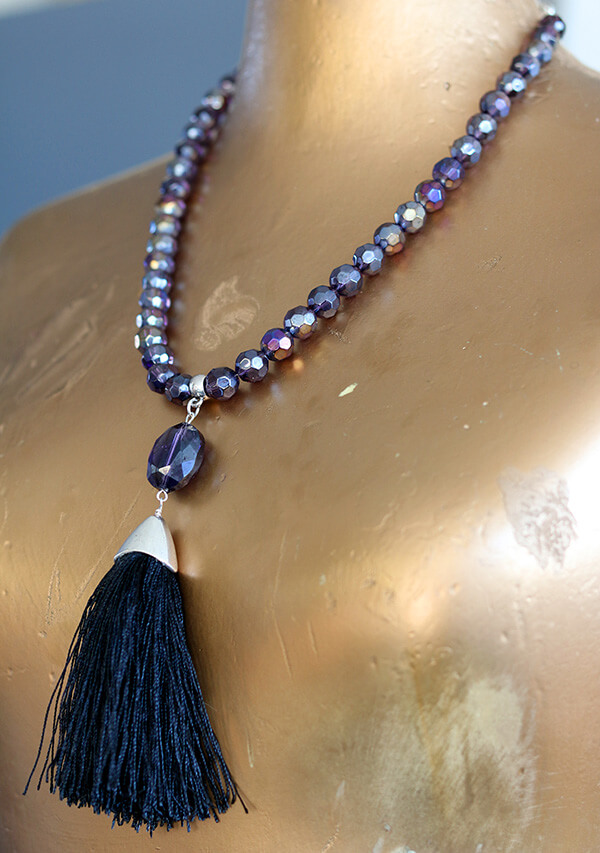 Black Tassel Necklace with Amethyst Crystals